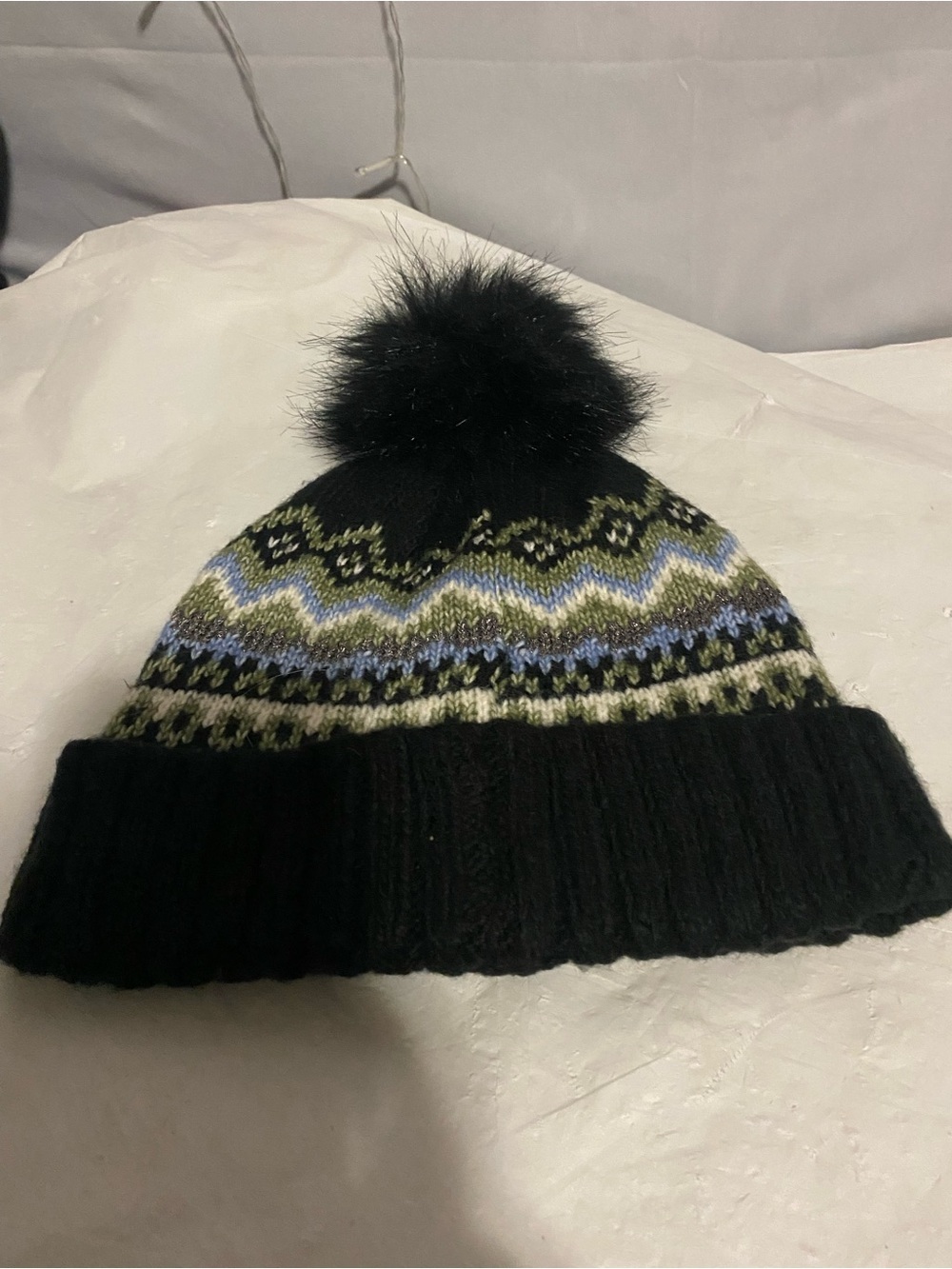 Maurices Black Knit Pom Beanie with Blue and Olive Fair Isle